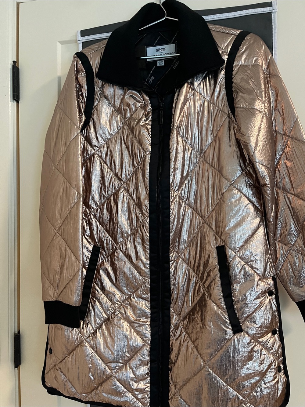 Katherine Barclay Metallic Rose Quilted Puffer Coat with Black Trim